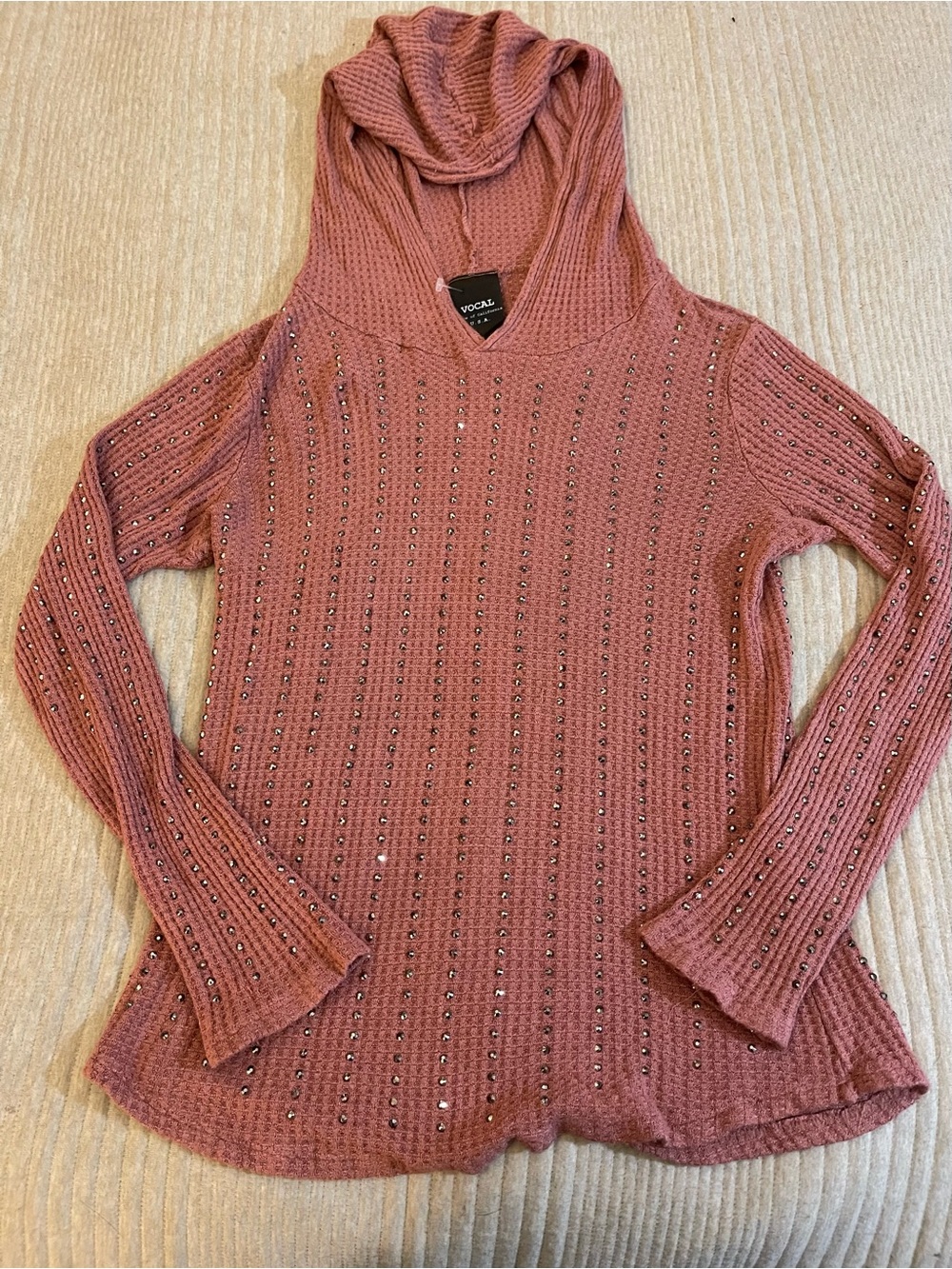 Vocal Mauve Studded Waffle Knit Cowl Neck Hoodie Top Long Sleeve Size Large